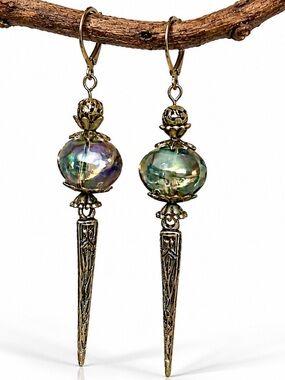 Iridescent Glass Spike Earrings, Bronze Boho Dangles, Long Artisan Statement